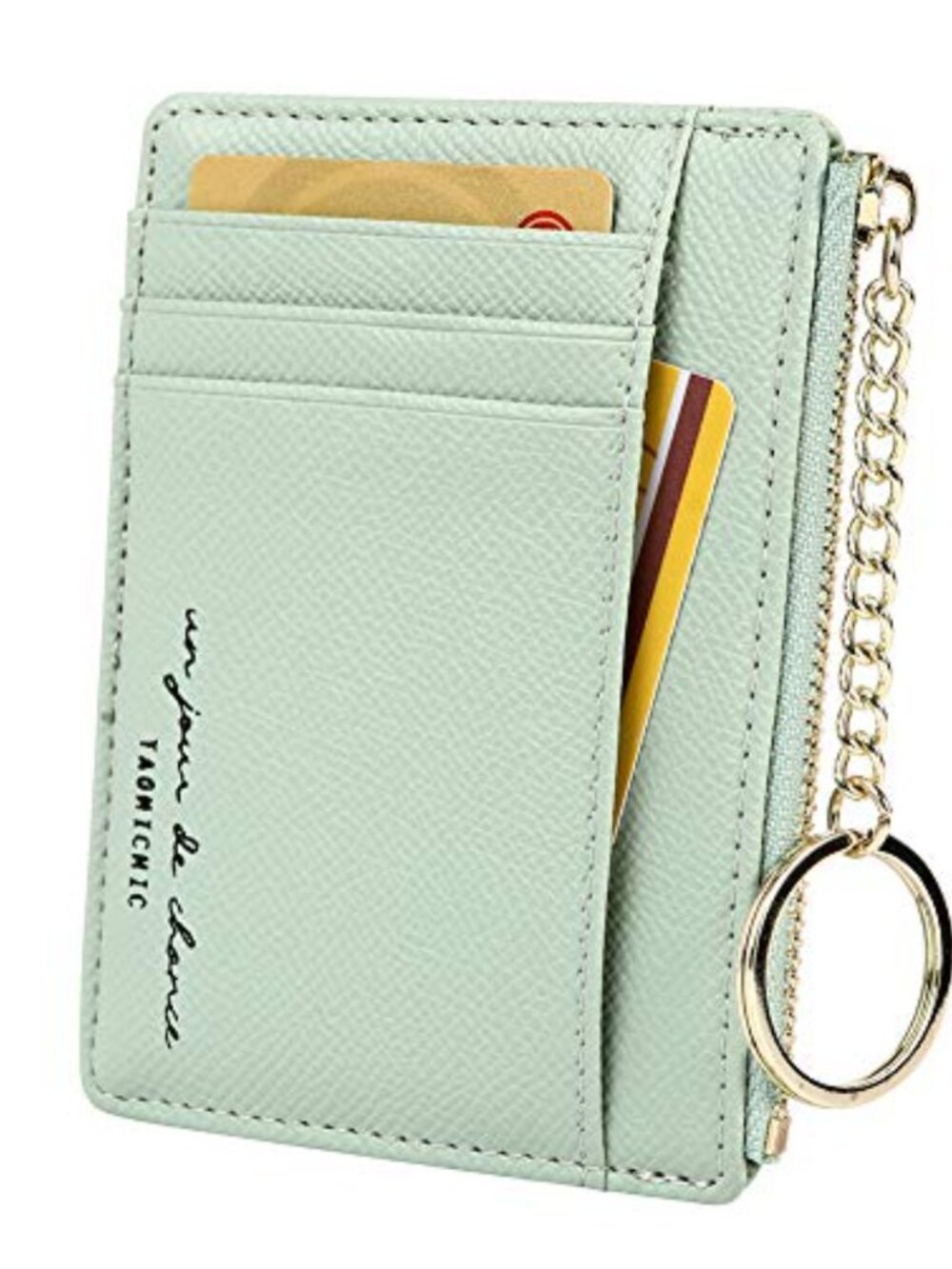 Slim Card Holder Keychain Wallet Zip Pocket 8 Card Slots Faux Leather